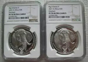 南アフリカ R5 2021 シルバー プルーフ 1オンス 2 コイン セット Big5 シリーズ II エレファント NGC PF70