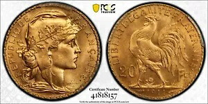 フランス、ゴールド 20 フラン 1911 - PCGS MS 66、レア 7