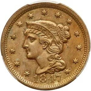 1847 N-37 R-2 PCGS MS 62 BN 編み込みヘア ラージ セント コイン 1c