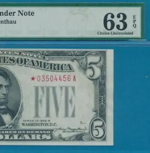 $5.00 1928-B スター レッド シール法定通貨 PMG CH.新しい 63EPQ 米国メモ