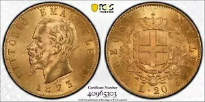 イタリア、ゴールド 20 リラ 1873-M BN PCGS MS 63+、レア