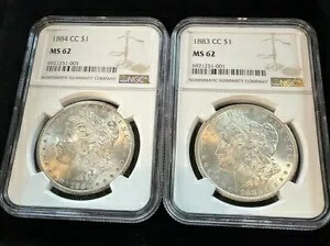 1883 & 1884 CC モーガン シルバー ダラー NGC MS62 - 2 コイン!