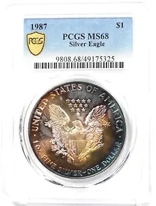 1987 シルバーイーグル ゴージャスモンスター レインボーブルー/オレンジ調色！ PCGS MS68 PC1716