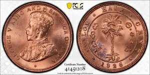 セイロン銅 1/2 セント 1926 SPECIMEN 未流通 PCGS SP65 RD