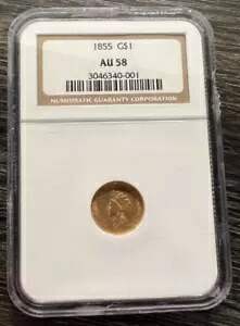 1855 タイプ 2 インディアン ゴールド ダラー (G$1 コイン) NGC AU 58