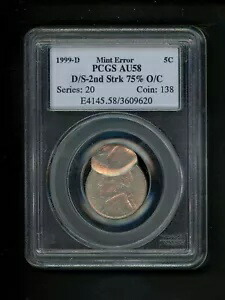 1999-D ジェファーソン ニッケル 5c ミント エラー PCGS AU58 D/X-2nd ストライク 75% O/C ワイルド ジェム