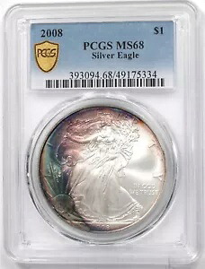 2008 シルバーイーグル ゴージャスモンスター レインボーブルー/オレンジ調色！ PCGS MS68 PC1710