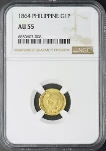 1864 スペイン フィリピン ゴールド 1 ペソ - NGC AU 55 - ?COINGIANTS?
