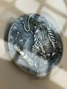 2018 PCGS MS70 クック諸島 ラーサン ゴッド $20 3オンス。シルバーアンティーク仕上げ FDI画像