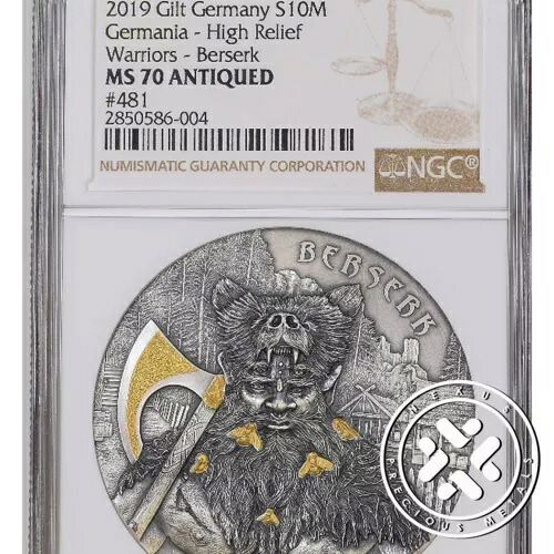 2019 NGC MS70 アンティーク ゲルマニア 10 マーク ザ ウォリアーズ 「ベルセルク」 2 オンス 9999 シルバー