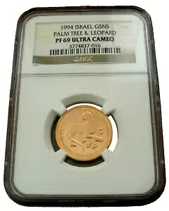 イスラエル 1994 ゴールド 1/4 オンス 5 ニュー シェカリム NGC PF69UC ヤシの木とヒョウ
