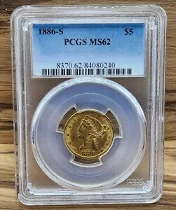 1886-S PCGS $5 リバティ ヘッド MS62 低価格