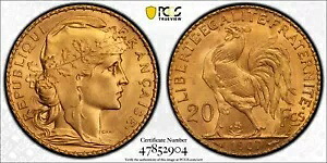 フランス、ゴールド 20 フラン 1907 - PCGS MS 66、レア 7