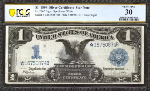 1899 $1 シルバー証明書スターノート FR.236* ブラック イーグル PCGS 30 極細 (874B)
