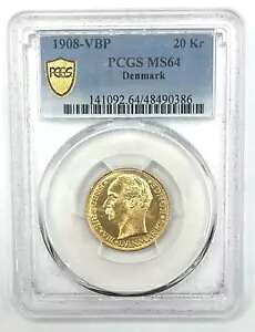 デンマーク 1908-VBP 20 クローネ金貨、PCGS MS-64。素晴らしいですね、叔父さん。 318,285円