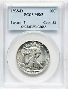 1938 D ウォーキングリバティ ハーフダラー PCGS MS63 希少なキーデイト 50c 素晴らしい光沢