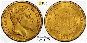 フランス、ゴールド 20 フラン 1861 A ナポレオン 3 世 - PCGS MS 63、レア 7