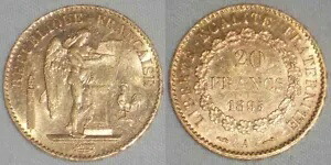 1895 年 フランス共和国 金貨 20 フラン エンジェル ライティング 憲法 オンドリ