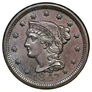 1847 N-38 NGC MS 64 BN 編み込みヘア ラージ セント コイン 1c｜WORLD RESOURCE【KING店】