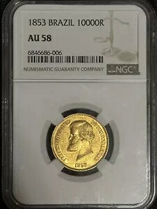 「1853 ブラジル 10000R 金貨 NGC AU 58 |」珍しいブラジル人 |投資グレード」