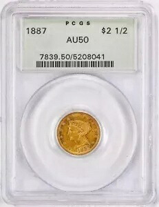 1887 PCGS AU50 わずか 6,160 個鋳造されました。全グレード217個ポップ！ OGH クォーター イーグル $2.50