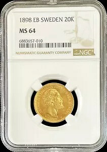 1898 EB ゴールド スウェーデン 20 クローナ コイン オスカー II NGC ミントステート 64