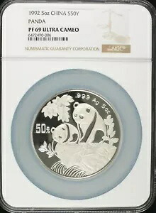 1992 シルバーパンダ 5オンス50元 NGC PF69 ウルトラカメオ。ジェム プルーフ 69 でレア｜WORLD RESOURCE【KING店】
