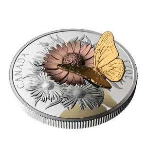 カナダの 0.9999 シルバー コイン、アスター ブルームの周りを移動する 2023 年のオオカバマダラ。
