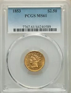 1853 リバティヘッド 2.5 ドル クォーター イーグル ゴールド PCGS MS61｜WORLD RESOURCE【KING店】