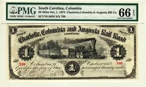 1873年 $1 サウスカロライナ州鉄道宝石 未流通 PMG 66 EPQ - 素晴らしい！｜WORLD RESOURCE【KING店】