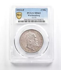 1912 F ヴュルテンベルク 3 マークス J-175 MS62 PCGS *2638｜WORLD RESOURCE【KING店】