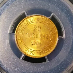 フィンランド：ロシア公国。ニコライ二世 ゴールド 20 マルカー 1904-L MS62 PCGS。