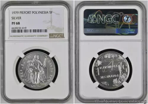 FF0162 トップ ポップ レア フランス領ポリネシー 5 フラン ピーフォール 1979 シルバー NGC PF68 プルーフ