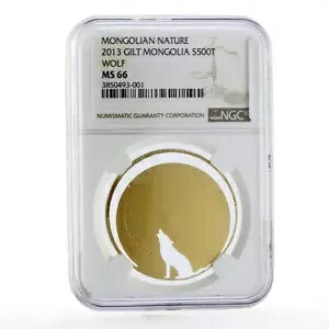 モンゴル 500 トゥグリク オオカミ ワイルドライフ NGC MS66 金メッキ銀貨 2013|WORLD RESOURCE【KING店】