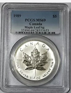 1989 $5 カナダ メープル リーフ PCGS MS69 クイーン エリザベス 2 世 - 1 オンス銀貨。｜WORLD RESOURCE【KING店】