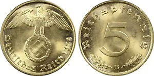 ナチスのコイン - PCGS MS65 1938-B 5 フェニヒ Pfg ドイツ、第三帝国 J.363 WW2 969|WORLD RESOURCE【KING店】