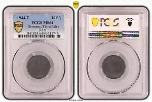PCGS MS64 1944-E 10 Pfennig Pfg Germany, Third Reich J.371 WW2 *これ以上のものはありません*|WORLD RESOURCE【KING店】