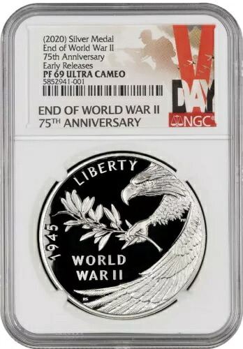 2020 第二次世界大戦終結 75 周年記念メダル NGC PF69UC 1 オンス シルバー、ボックス、COA｜WORLD RESOURCE【KING店】
