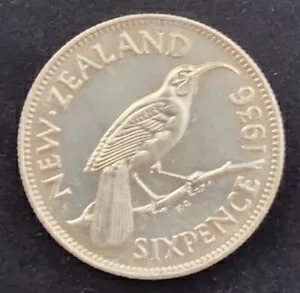ニュージーランド KGV 1936 シルバー 6 ペンス コイン - Unc