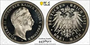 ドイツ、ドイツ帝国プロイセン 3 マーク 1911 PCGS PR63DCAM