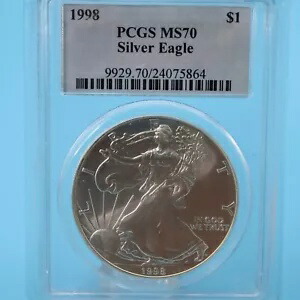 1998 1オンス シルバー アメリカン イーグル ドル - PCGS MS 70 トンニング バックのいくつかのスポット