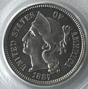 1887 3 セント ニッケル PCGS PR65 ストロング オーバーデイト & 光沢