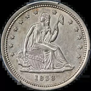 1838 年着席リバティ クォーター カーテンなし PCGS AU 詳細 素晴らしい目を引く