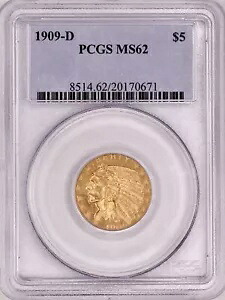 1909-D $5 ゴールド インディアン ヘッド ハーフ イーグル PCGS MS62｜WORLD RESOURCE【KING店】