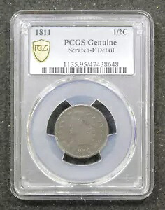 1811 クラシック ヘッド US カッパー ハーフ セント 1/2C - 認定 PCGS 本物の F ディテール