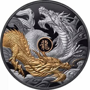 ニウエ 2024 年 ドラゴン 決闘 $10 5 オンス 金メッキ シルバー ブラック プルーフ ? シリアル #838