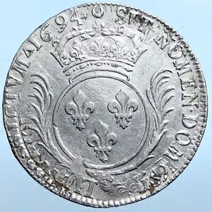 1694 年 フランス王 ルイ 14 世 フルール ド リス オールド シルバー フランス 1 Ecu コイン i114967