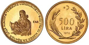 1978 ターキー 500 リラ プルーフ 65 ゴールド AGW .2358 PCGS 2/2 ゴールド シールド｜WORLD RESOURCE【KING店】