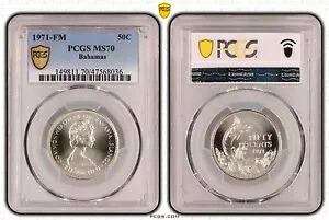 バハマ 1971 FM フィフティ セント 50c シルバー コイン PCGS MS70 シングル トップ ポップ 1/0 #8036|WORLD RESOURCE【KING店】
