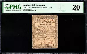 大陸通貨 Fr#CC-20 1776 年 2 月 17 日 $1/3 PMG 20 *Fugio Note*|WORLD RESOURCE【KING店】